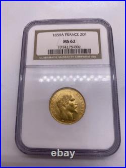 1859 A 20 Francs Napoleon III Gold Coin Ngc Ms 62 Very Old Ngc Slab Looks Great