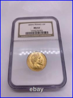 1859 A 20 Francs Napoleon III Gold Coin Ngc Ms 62 Very Old Ngc Slab Looks Great