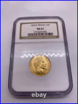 1859 A 20 Francs Napoleon III Gold Coin Ngc Ms 62 Very Old Ngc Slab Looks Great