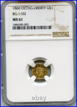 1860 G$1 California Fractional Gold, Bg-1102 Ngc Ms61 Super Nice