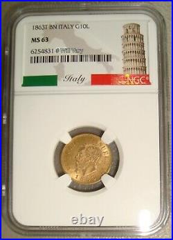 1863 Italy Victor Emmanuel II Gold 10 Lire NGC MS63