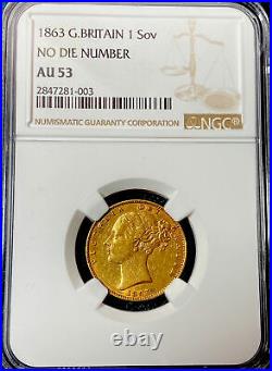 1863 NGC AU53 Victoria Shield Back Gold Sovereign. Very Rare No Dye number