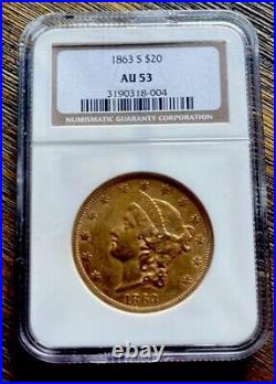 1863-S $20 Gold Coin NGC AU-53