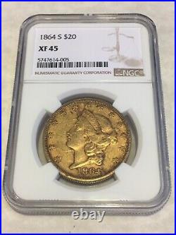 1864-S $20 XF45 NGC Liberty Double Eagle Gold Coin nice strike (not PCGS)