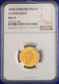 1865-E, Transylvania, Francis Joseph I. Gold Ducat Coin. Karlsburg! NGC MS-63