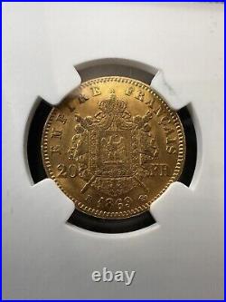 1869 BB France G20F AU 55 NGC Certified 18 Karat Gold Coin