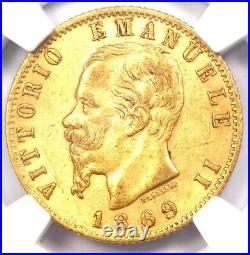 1869 Italy Gold Vittorio Emanuele II 20 Lire Gold Coin G20L Certified NGC AU58