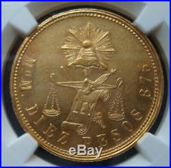 1872 /1MO M/C Mexico $10 Pesos Gold Coin Extra RARE, NGC MS61
