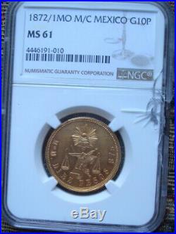 1872 /1MO M/C Mexico $10 Pesos Gold Coin Extra RARE, NGC MS61