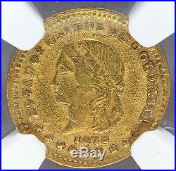 1873/2 Colombia 1 One Peso Gold Coin NGC AU 58 KM# 157.1 RARE