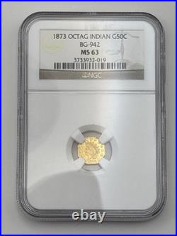 1873 Octagonal Indian Gold 50C BG-942 NGC MS63 Rare Exonumia Coin