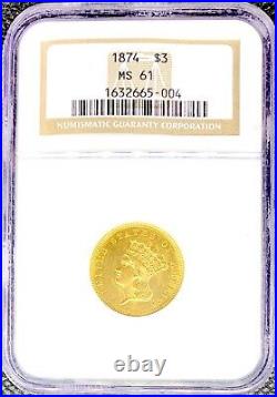 1874 $3 Gold Three Dollar Princess Ms61 Ngc Rare Lustrous Key Date Coin