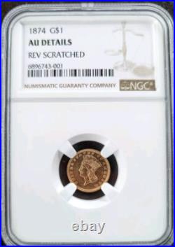 1874 Indian Gold Dollar G$1 Certified NGC AU Details Rare Early Coin