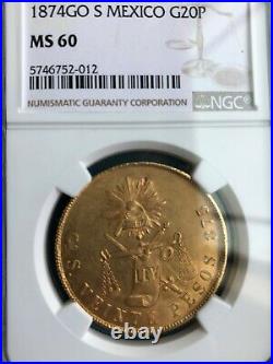 1874 MEXICO 20 gold peso coin, Guanajuato mint, MS 60 uncirculated