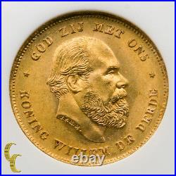 1875 Netherlands Gold 10 Gulden Coin Graded by NGC as MS-65