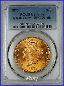 1878 $20 Liberty Double Eagle Gold Coin PCGS Genuine UNC Details (Choice BU)