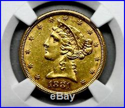 1881 Liberty Gold $5 Half Eagle Coin NGC AU 55 Graded