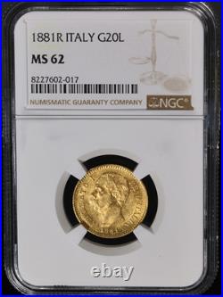 1881 R Italy Gold 20 Lire Umberto I NGC MS62 1881 R Italy Gold 20 Lire Umberto I NGC MS62