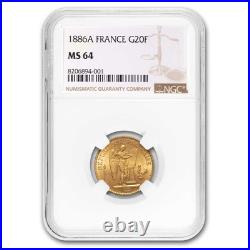 1886-A France Gold 20 Francs Angel MS-64 NGC