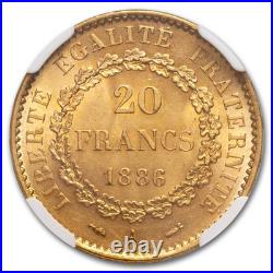 1886-A France Gold 20 Francs Angel MS-64 NGC