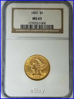 1892 Liberty Head Gold Half Eagle Five Dollar $5 NGC MS 63 Coin