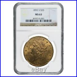 1892 S $20 Liberty Head Double Eagle Gold Coin NGC MS 63