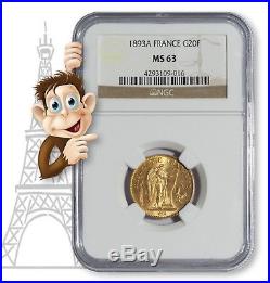 1893A Gold 20 Franc NGC MS63 - Lucky Angel Coin