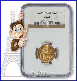 1893A Gold 20 Franc NGC MS64 - Lucky Angel Coin