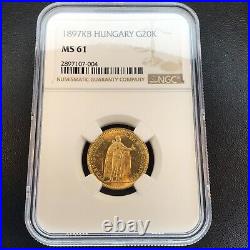 1897KB Hungary Gold 20 Korona G20K NGC MS61 BEAUTIFUL AND RARE COIN