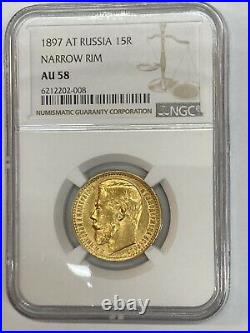 1897 AT Russian 15 Rouble Gold NGC AU58 Narrow Rim