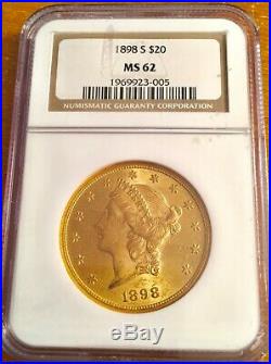 1898-S Gold $20 Liberty Double Eagle Coin NGC MS62