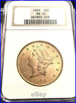 1899 Gold $20 Liberty Double Eagle Coin NGC MS62