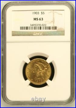 1903 $5 Liberty Head Gold Coin NGC MS 63 Rare Collectible
