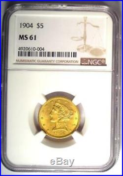 1904 Liberty Gold Half Eagle $5 Coin Certified NGC MS61 (UNC BU) Rare Coin
