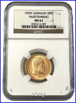 1905 F Germany WURTTEMBERG 20 Mark Gold Coin NGC MS 62 KM #634
