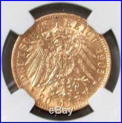 1905 F Gold German State Wurttemberg Wilhelm II 20 Mark Coin Ngc About 58