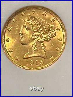 1905-P $5 LIBERTY MS-62 GREAT BULLION BUY Gold 1/2 Eagle Pre 1933-NGC CERTIFIED