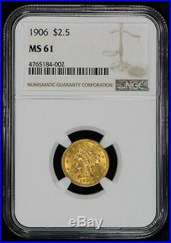 1906 G$2.50 Liberty Head Gold Quarter Eagle, Luster! Unc Coin Ngc Ms 61 #t542