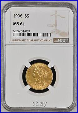 1906-P Liberty Gold Half Eagle $5 Coin NGC MS61 LOW MINTAGE YEAR, BETTER DATE