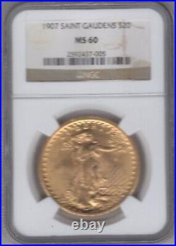 1907 $20.00 Saint Gaudens Gold Coin Ngc Certified Ms60 Total Undergraded Coin