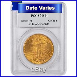 1907 to 1927 $20 St. Gaudens Gold Double Eagle PCGS MS64 Random Year