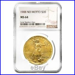 1908 $20 Gold Saint Gaudens Double Eagle Coin No Motto NGC MS 64
