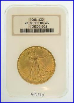 1908 $20 MS-63 No Motto NGC Gold Double Eagle Saint Gaudens Coin