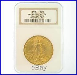 1908 $20 MS-64 No Motto NGC Gold Double Eagle Saint Gaudens Coin