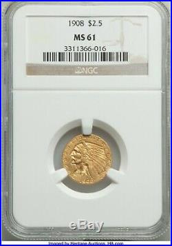 1908 $2.50 Indian Gold Quarter Eagle NGC MS61 First Year Coin! Free Shipping