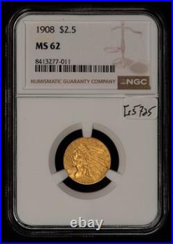 1908 G$2.50 Indian Head Gold Quarter Eagle Looks 63 NGC MS 62 SKU-G5725 1908 G$2.50 Indian Head Gold Quarter Eagle Looks 63 NGC MS 62 SKU-G5725