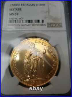 1908 KB Hungary Restrike 100 Korona Gold Coin NGC MS 69 POP 1