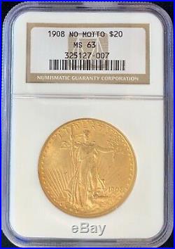 1908 No Motto $20 American Gold Eagle Saint Gaudens MS63 NGC OG Slab Mint Coin