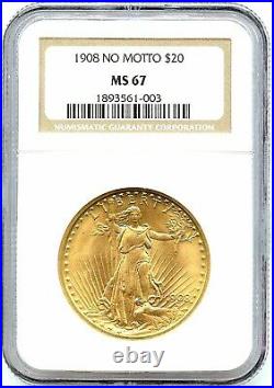 1908 No Motto $20 Saint Gold Double Eagle, NGC MS-67, Wonderful Monster Coin