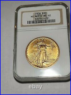 1908 No Motto $20 St. Gaudens Double Eagle Gold Coin NGC MS-62